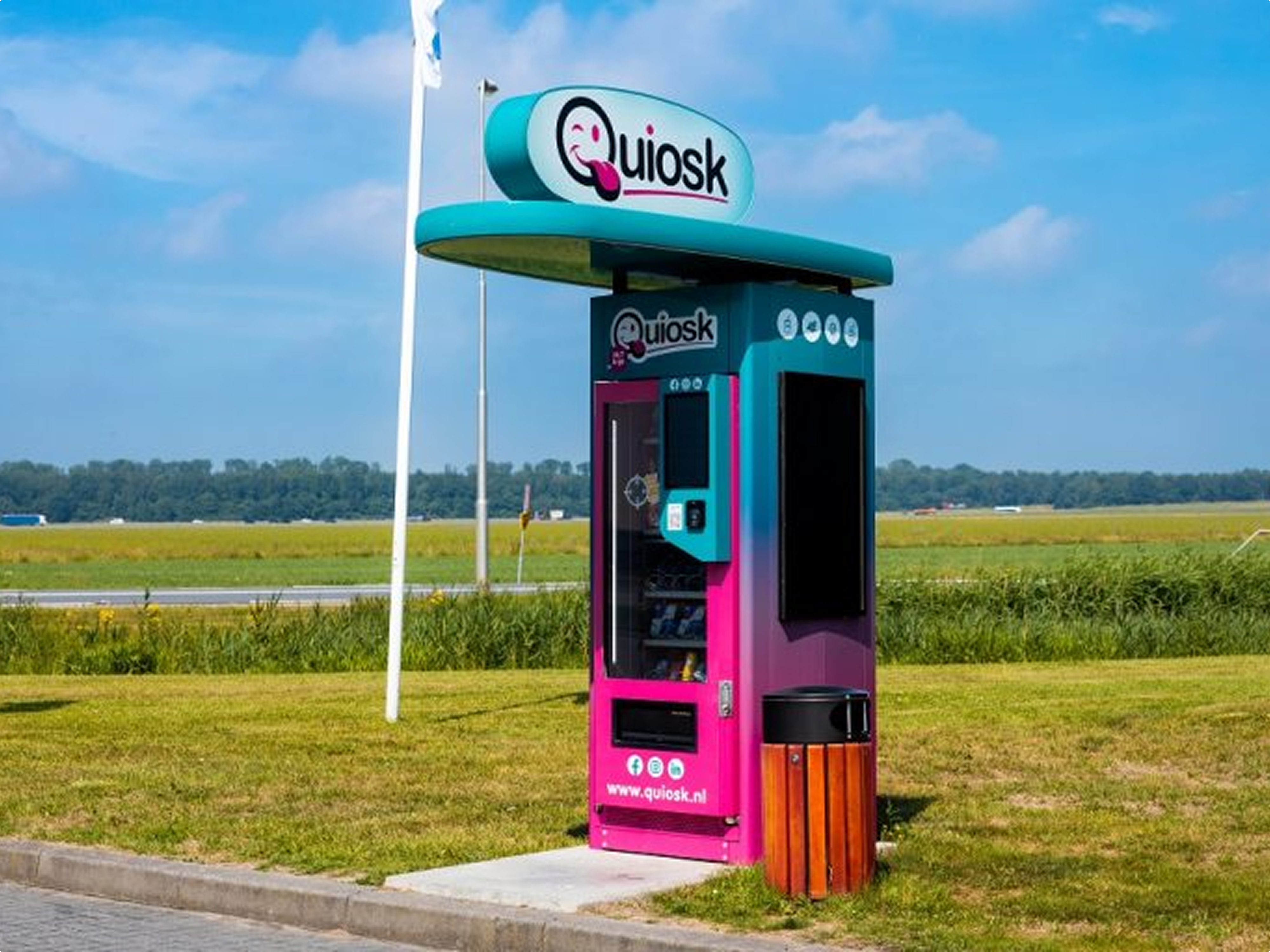 Outdoor vending kiosk front view with panel-mounted touchscreen and payment unit.